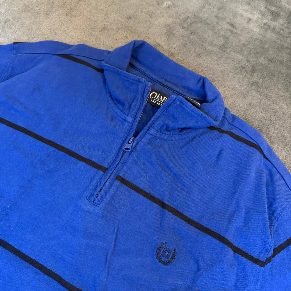 Chaps Quarter Zip Pullover Shirt Mens XL Blue Black Striped Cotton Long Sleeve‎